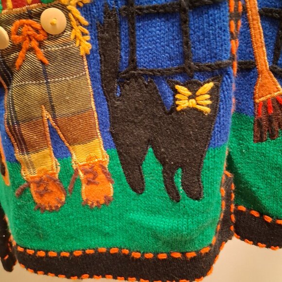 Arriviste Fall Halloween Embellished Scarecrow Leaves Cat Sweater Cardigan sz L - Picture 4 of 8